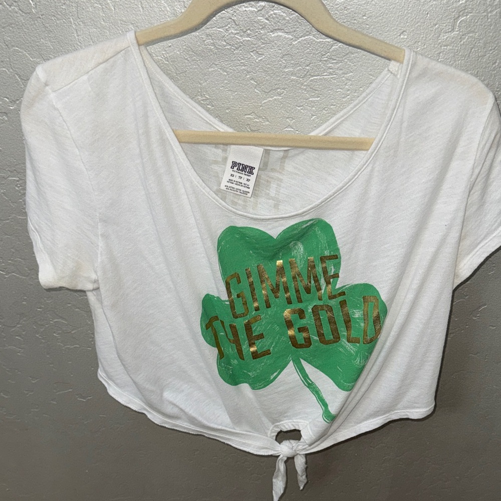 Victoria's Secret PINK White Crop Top with Green Shamrock and Gold Foil